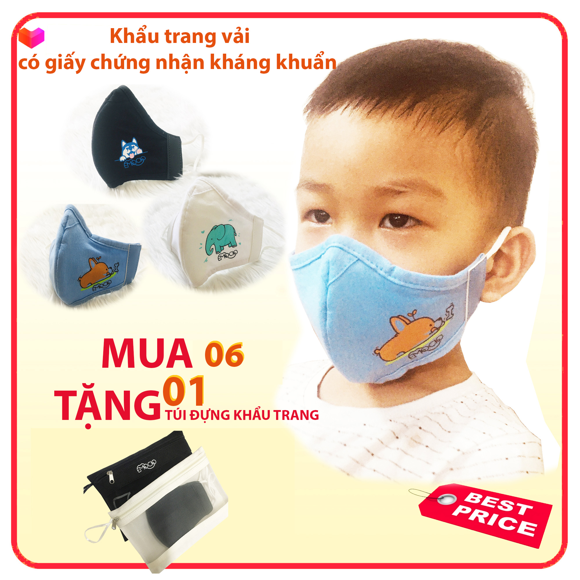 Khẩu trang trẻ em Emoico có chứng nhận kháng khuẩn an toàn cho bé khi sử dụng- Mua 6 tặng 01 túi đựng khẩu trang tiện lợi ( CHAT VỚI SHOP ĐỂ CHỌN MÀU NHÉ)