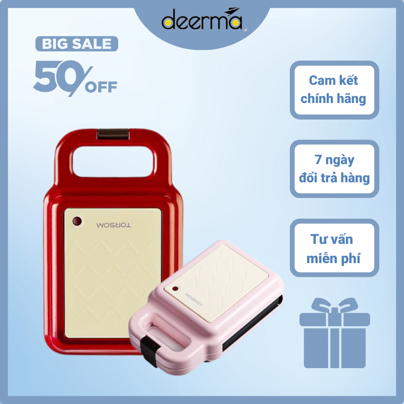 Máy làm bánh quế/bánh kẹp Waffle/ Mèo/ Cá TORSOM mini máy tự làm bánh bằng điện có lớp phủ chống dính dễ lau chùi cho nhà bếp. KÈM 4 KHAY THEO MÁY