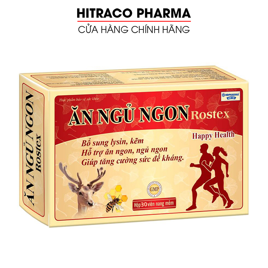 Viên ăn ngủ ngon Rostex HDPharma loại bỏ mất ngủ, căng thẳng, stress, tăng cường sức đề kháng - Hộp 30 viên