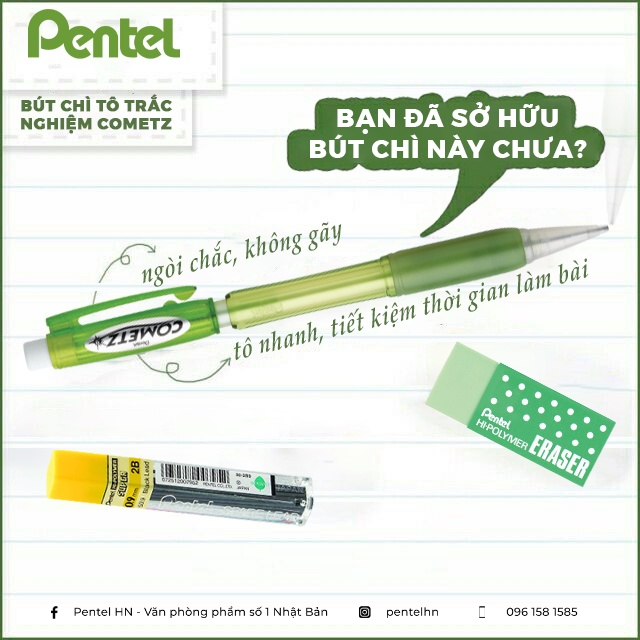 𝐁𝐮́𝐭 𝐂𝐡𝐢̀ 𝐁𝐚̂́𝐦 𝐓𝐨̂ 𝐓𝐫𝐚̆́𝐜 𝐍𝐠𝐡𝐢𝐞̣̂𝐦 pentel cometz ax119 lõi to 0.9 mm - 2b dùng thi trắc nghiệm chuẩn nhật bản