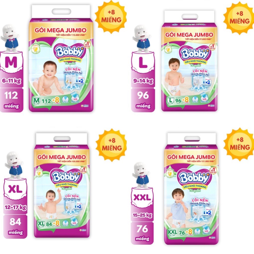 Tã quần bobby jumbo tinh chất gạo non m112/l96/xl84/xxl76
