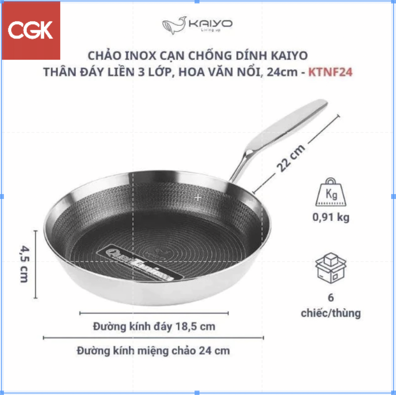 Chảo inox chống dính hoa văn nổi Tri-Ply Kaiyo, size 24cm