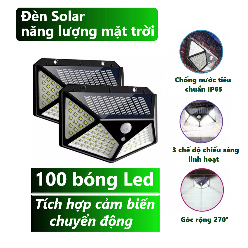 Đèn năng lượng mặt trời Solar 100 Led, đèn gắn tường cảm ứng chuyển động 3 chế độ chiếu sáng góc siêu rộng 270°