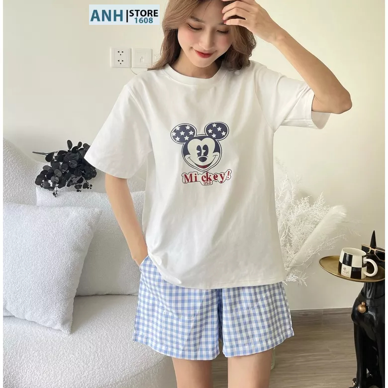 Bộ mặc nhà nữ đùi in hình Mickey siêu xinh ANHSTORE, set mặc nhà nữ áo cotton tay ngắn , quần đùi caro dễ thương