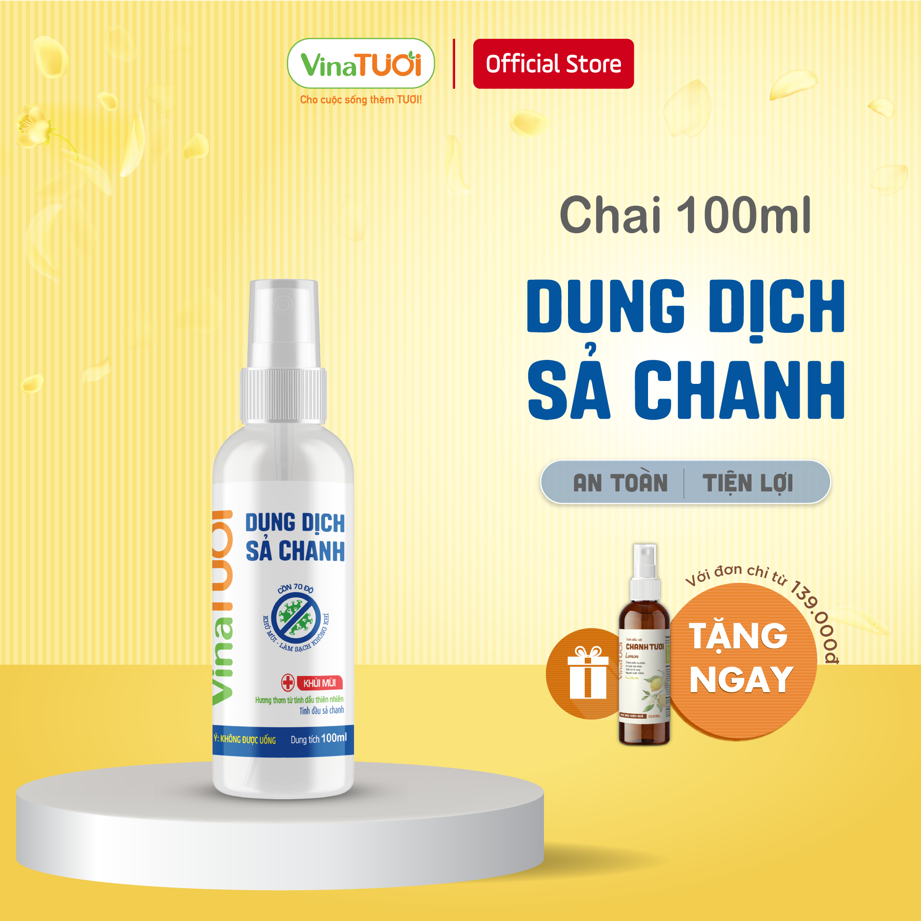 Dung dịch nước rửa tay Sả Chanh Vina Tươi 100ml [CHẤT LƯỢNG] Cồn 70 độ Tinh dầu Sả Chanh nguyên chất thiên nhiên
