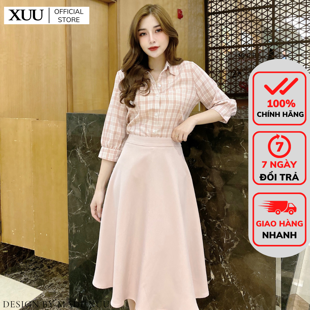 Áo Sơ Mi Nữ Caro Xuu Design, Áo kiểu nữ cổ đức tay lỡ chất vải KATE đẹp Xu02 caro hồng
