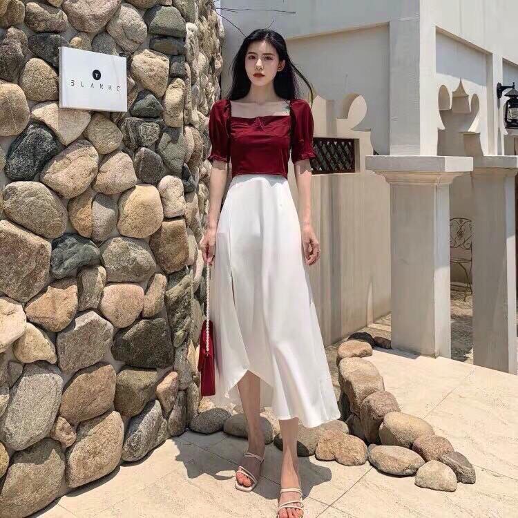 VÁY ÁO NỮ NGUYÊN SET GỒM 1 ÁO KIỂU NỮ VÀ CHÂN VÁY DÀI XẺ TÀ THỜI TRANG - VÁY ÁO NỮ -Thời Trang Sài Gòn Gía Rẻ