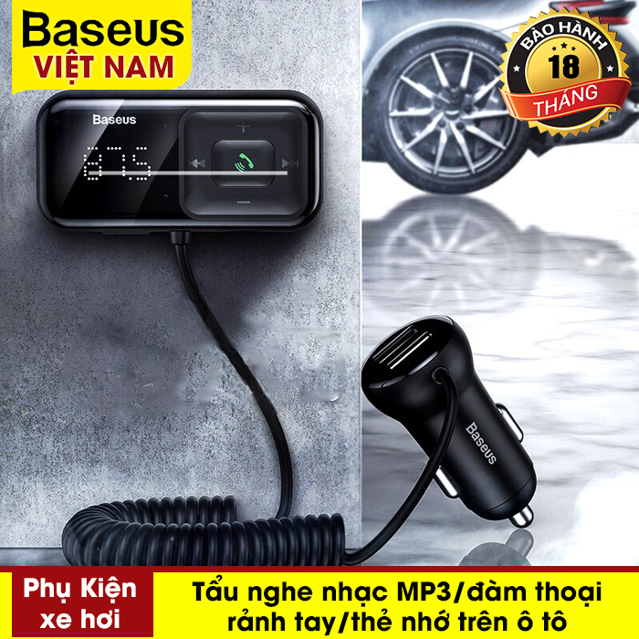 Tẩu sạc mini nghe nhạc, đàm thoại rảnh tay trên xe hơi Baseus Wireless MP3 Car Charger T Typed S-16 - 2 cổng USB 3.1A tích hợp bộ phát Bluetooth 5.0, hỗ trợ kết nối kép AUX/FM, có màn hình LED hiển thị kĩ thuật số