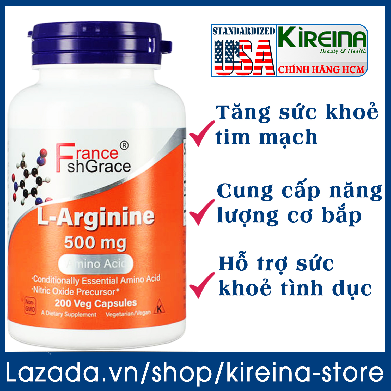 Viên uống L-Arginine hỗ trợ sức khỏe tim mạch cung cấp amino axit tạo protein cho cơ thể 200 viên