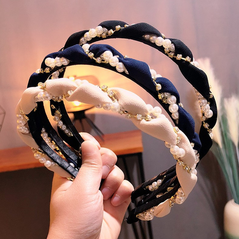 Xược Cài tóc dậy bện vải lụa Satin đính họa tiết phong cách Hàn Quốc