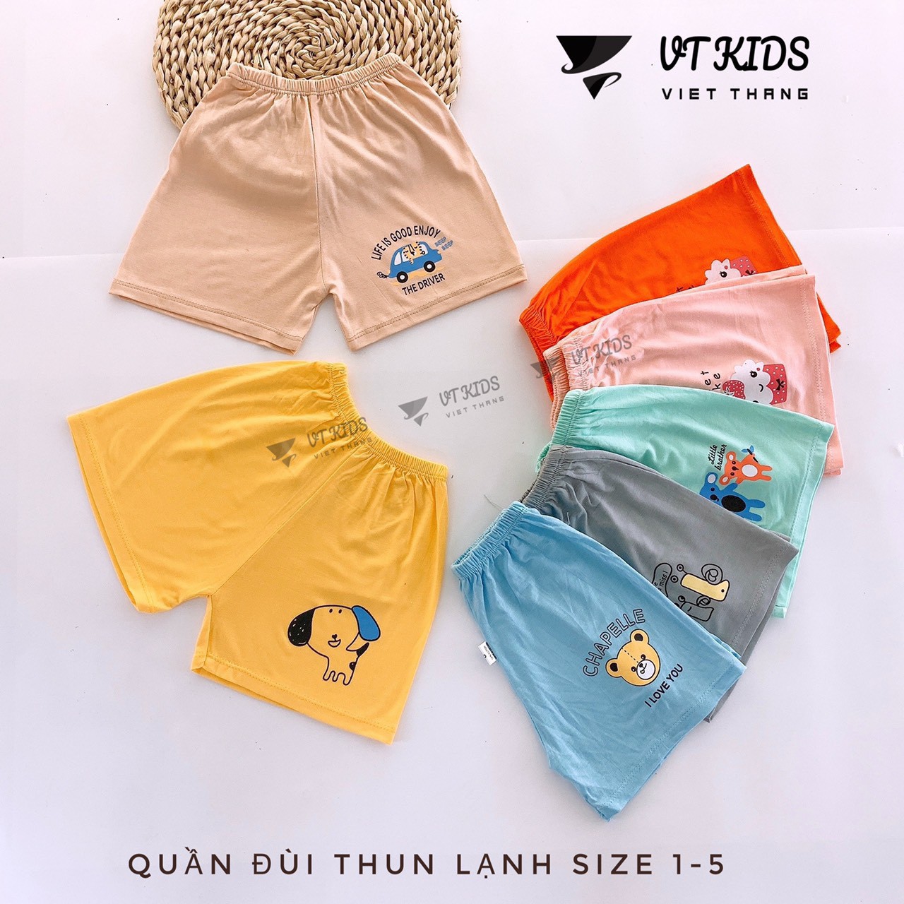 Combo 10 quần Đùi thun lạnh trơn in hình thú mặc mát cho bé trai, bé gái từ 4-16kg cho bé từ 0-3 tuổi
