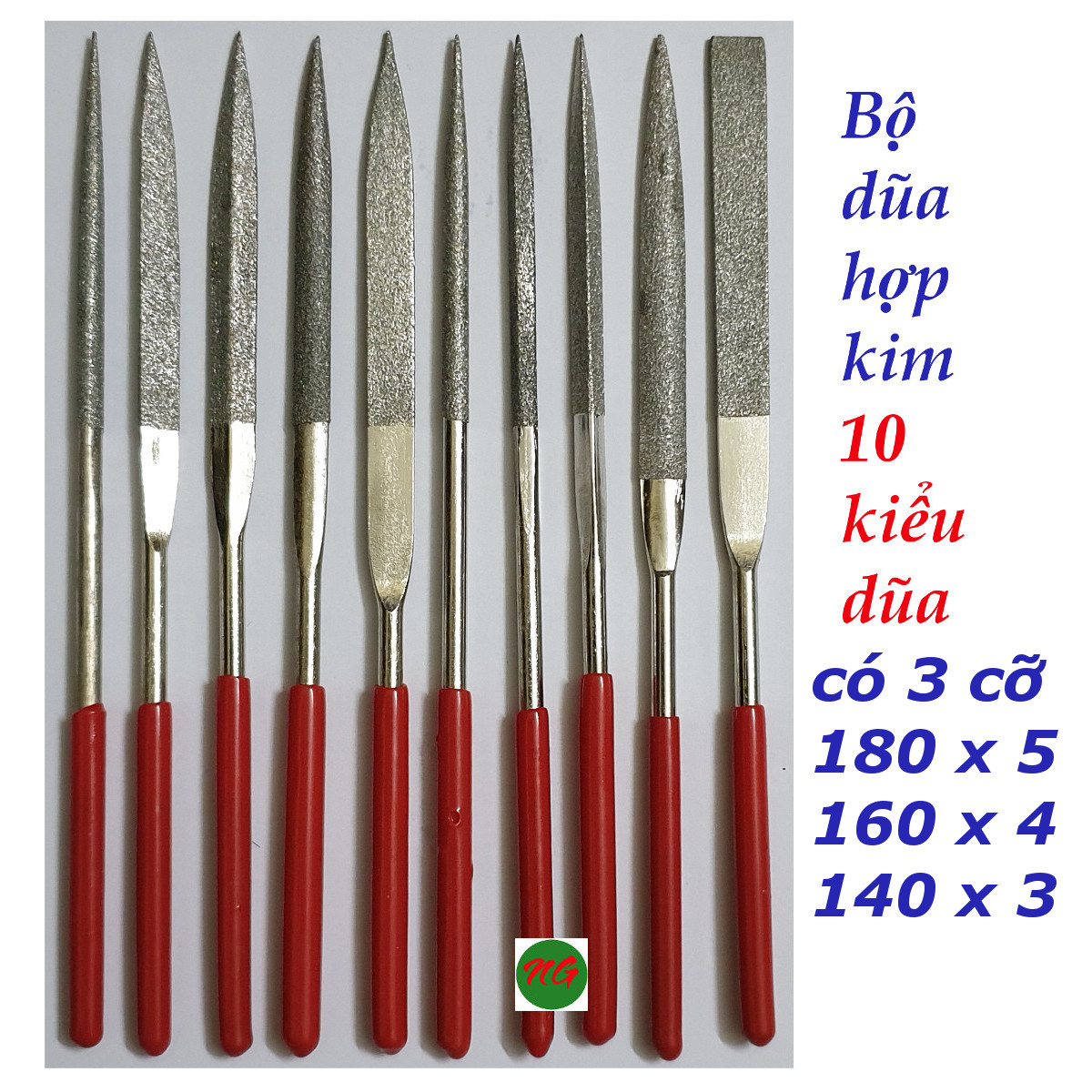 Bộ dũa hợp kim 10 kiểu gồm bản dẹp tam giác tròn bán nguyệt vuông lưỡi mác với 3 cỡ 180x5 160x4 140x3