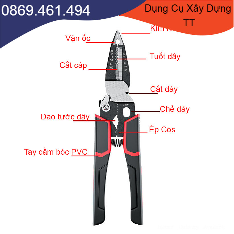 Kìm cắt tuốt dây đa năng 9 trong 1 kèm cắt dây bấm cos