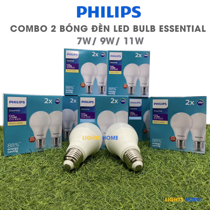 Combo 2 Bóng đèn LED Bulb Philips Essential E27 A60 - 7W   9W  11W - Siêu sáng 