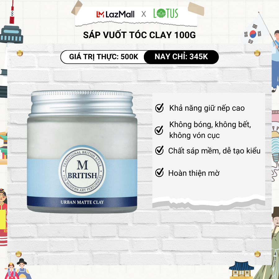 Sáp vuốt tóc cao cấp tạo kiểu linh hoạt giữ nếp cứng tốt không bóng cho nam nữ BRITISH M Urban Matte Clay 100g