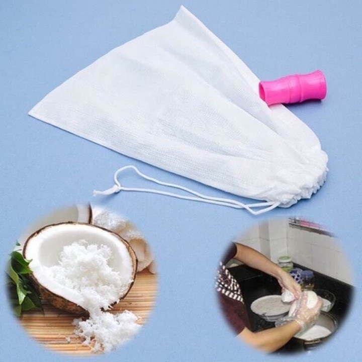 COMBO TÚI LỌC ĐA NĂNG -Kt 24x34cm. Dùng lọc xác trà, đậu nành, nước cốt dừa, rau má. Combo Túi Vải lọc mềm và khoen hỗ trợ chắc chắn. Phù hợp với GIA ĐÌNH