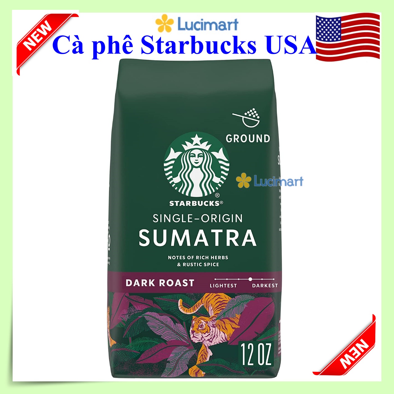Cà phê Starbucks rang xay sẵn nguyên chất 100% Arabica Coffee, Sumatra Dark 340g