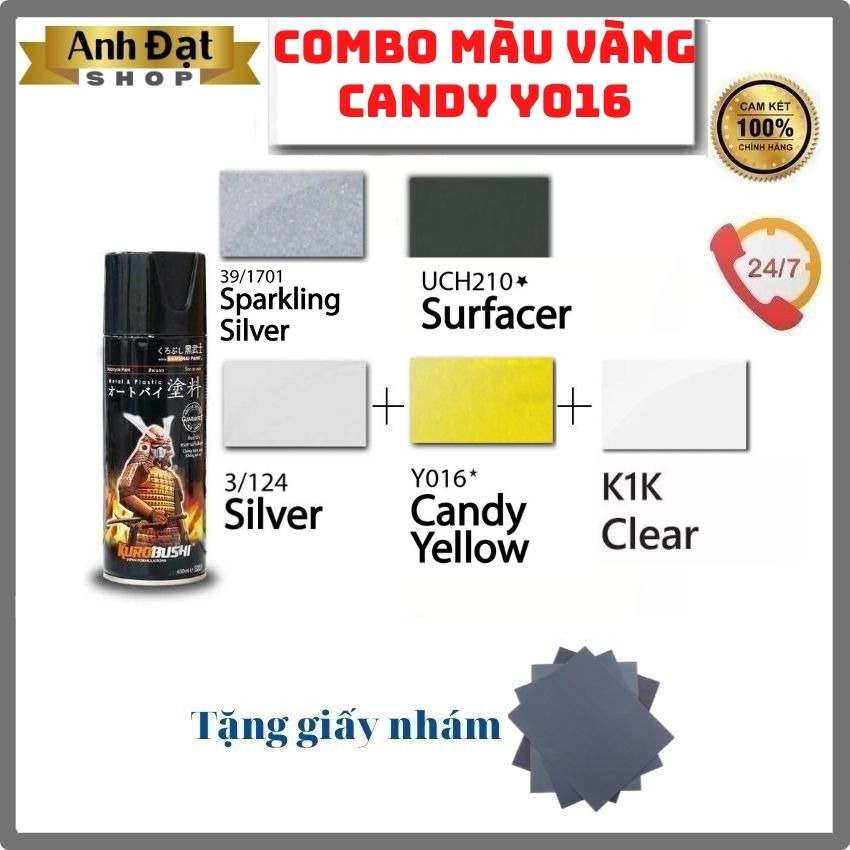 Màu vàng candy y016*, sơn lót uch210, sơn nền bạc 124, sơn màu bạc lấp lánh 1701, sơn bóng k1k, anh đạt shop