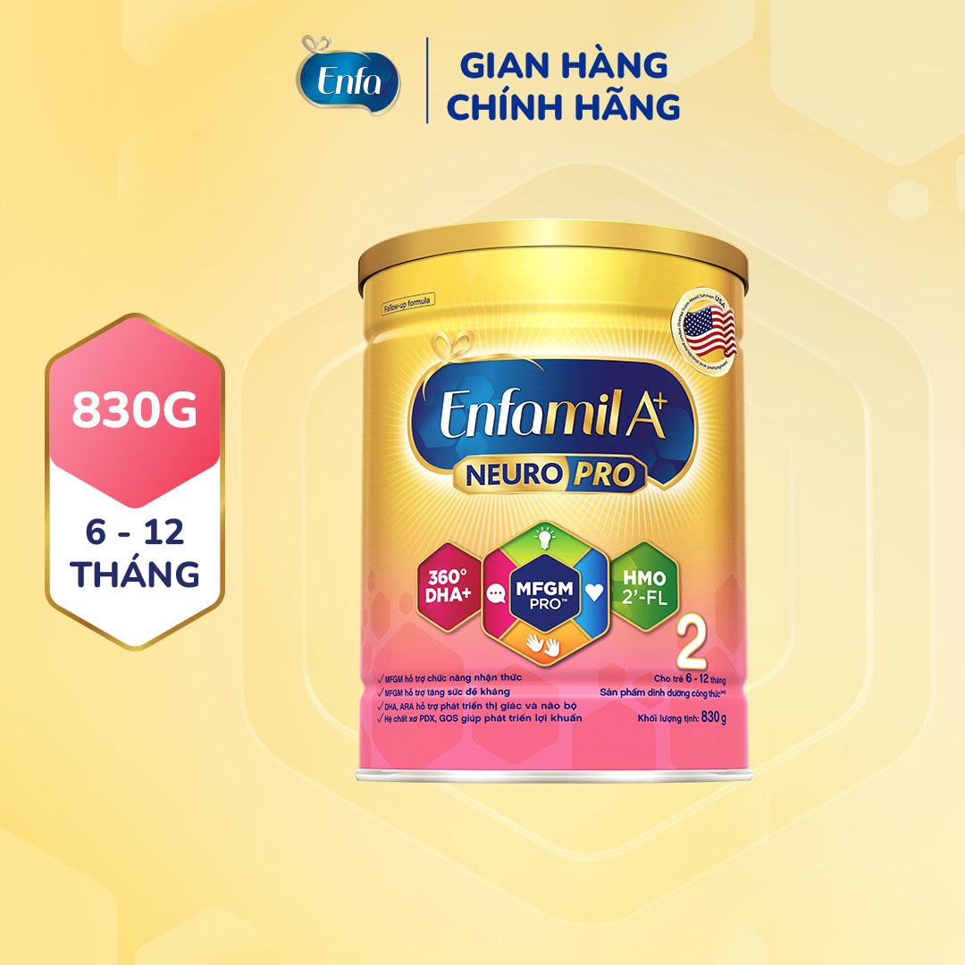 Sữa bột Enfamil A+ NeuroPro 2 Vị thanh mát 2'FL HMO với dưỡng chất DHA  MFGM cho trẻ từ 6 –12 tháng tuổi– 830g