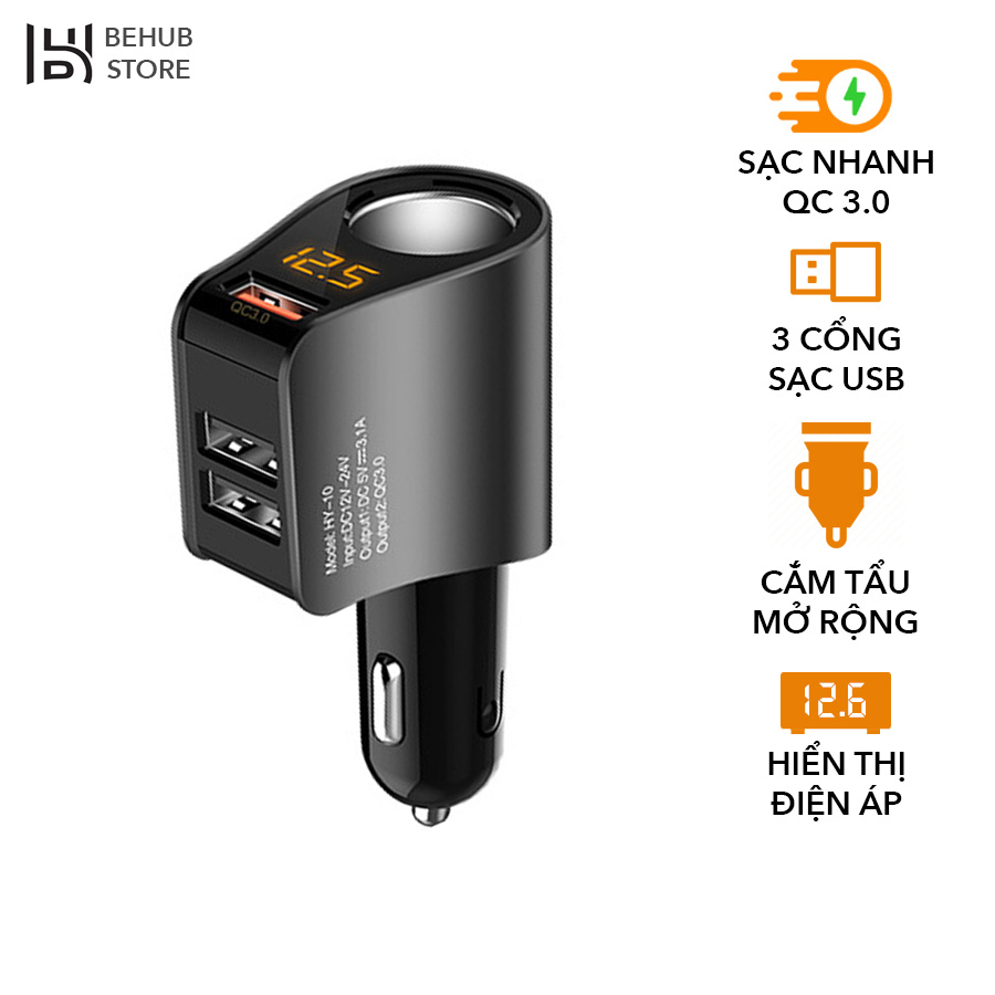 Tẩu sạc nhanh ô tô Hyundai HY10, chia tẩu sạc ô tô 3 cổng - bảo hành 1 năm