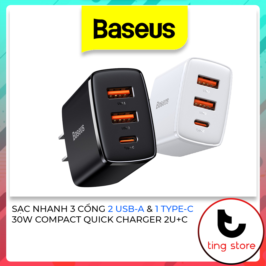 Củ sạc nhanh 3 cổng 30w 2 usb-a 1 typec baseus compact quick charger 2u+c 30w đen trắng chân dẹt cn
