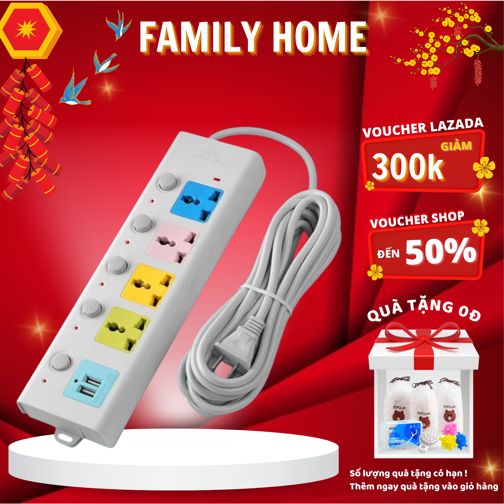 Ổ cắm điện đa năng 6 Cổng Sạc USB 2 Cáp USB 3 Và 5M Dây Cáp Dày Chất Lượng Cao 100% Chính Hãng 2023 New