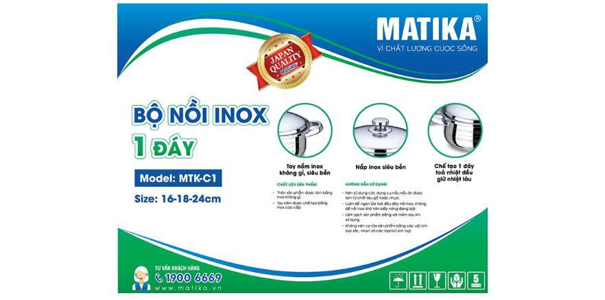 Bộ nồi inox matika size16-20-24 loại 1 đáy tiết kiệm gas màu bạc trắng mtk –c1