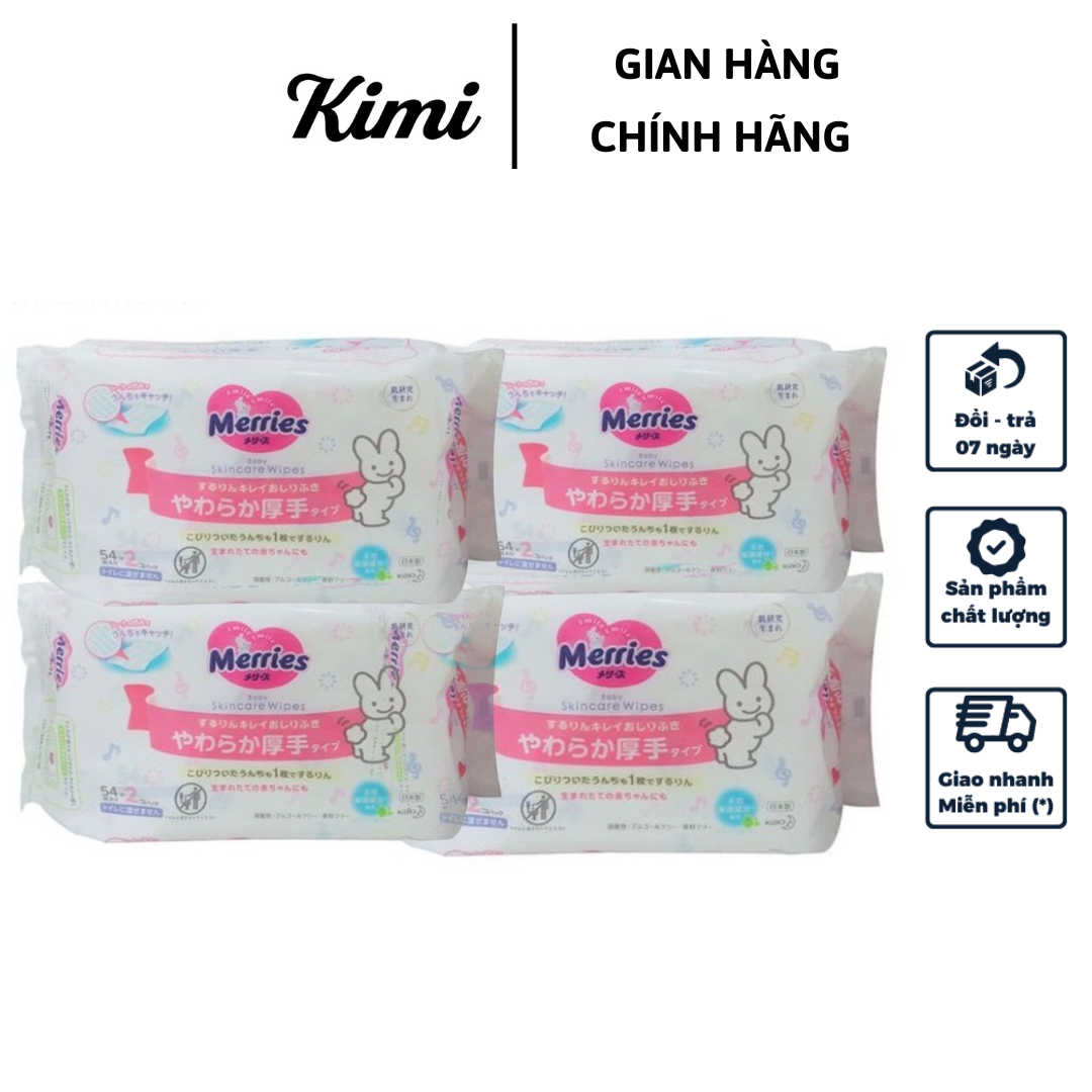 Khăn giấy ướt cao cấp Merries Nhật Bản không mùi an toàn không kích ứng, khăn ướt gói 54 tờ - Kimi