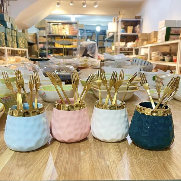 Set cốc dĩa 6 xiên gốm sứ