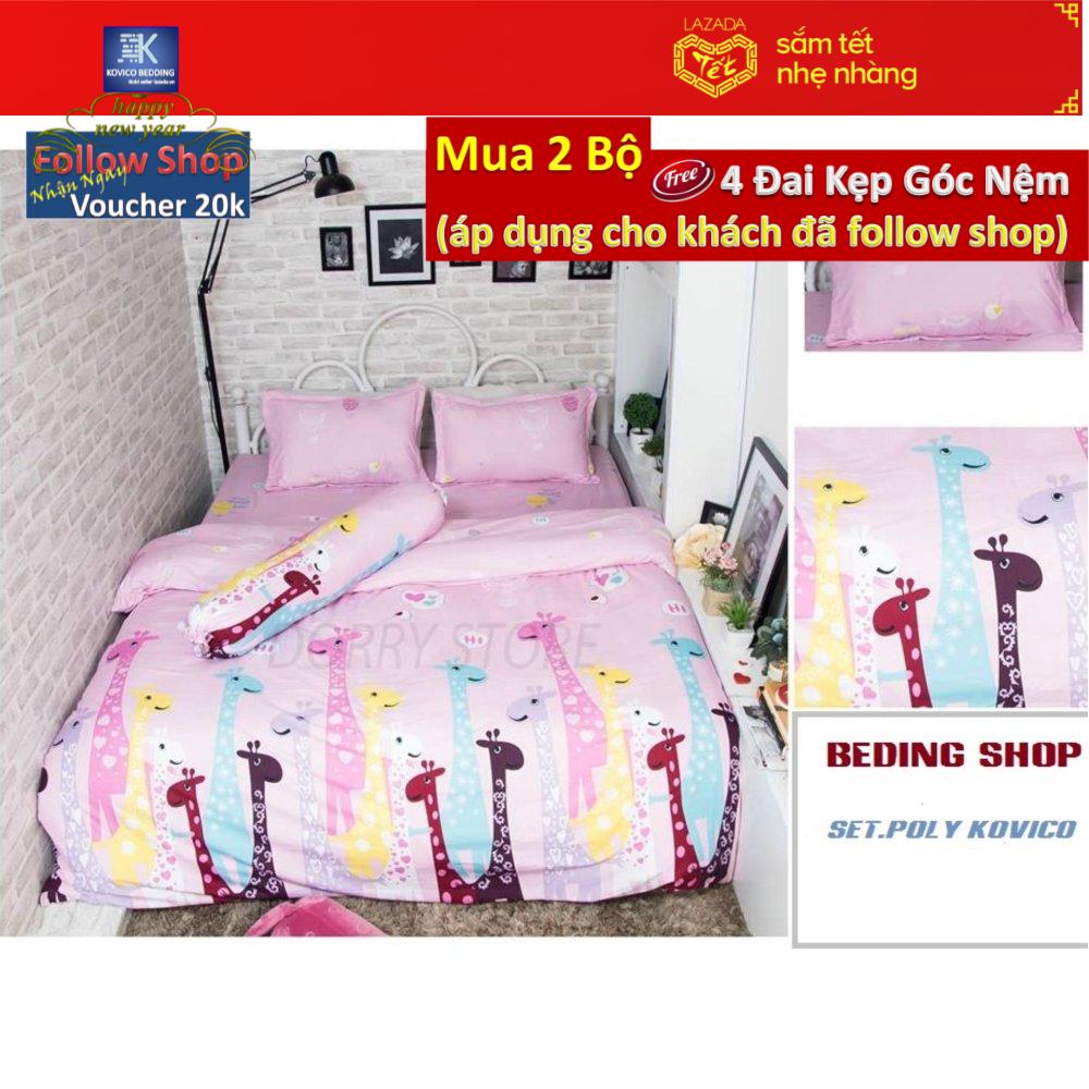 Bộ chăn ga gối cotton poly kovico hươu hồng 1m8x2m