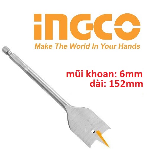 Mũi khoan gỗ đầu dẹp đuôi lục giác 6mm 8mm 10mm 18mm dài 152mm ingco dbw2210601