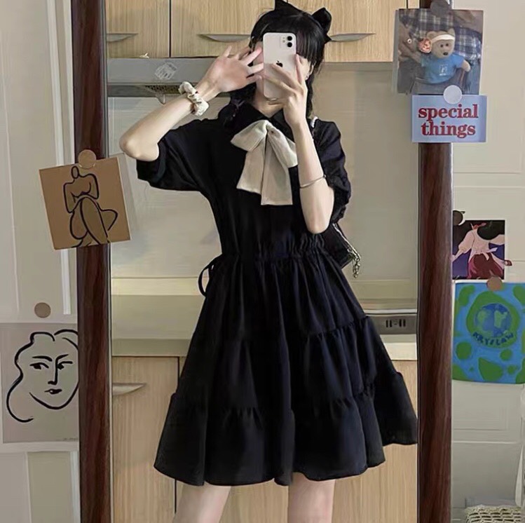 Váy đầm nữ, váy nữ dáng xòe vintage phối nơ siêu xinh, váy nữ đi biển