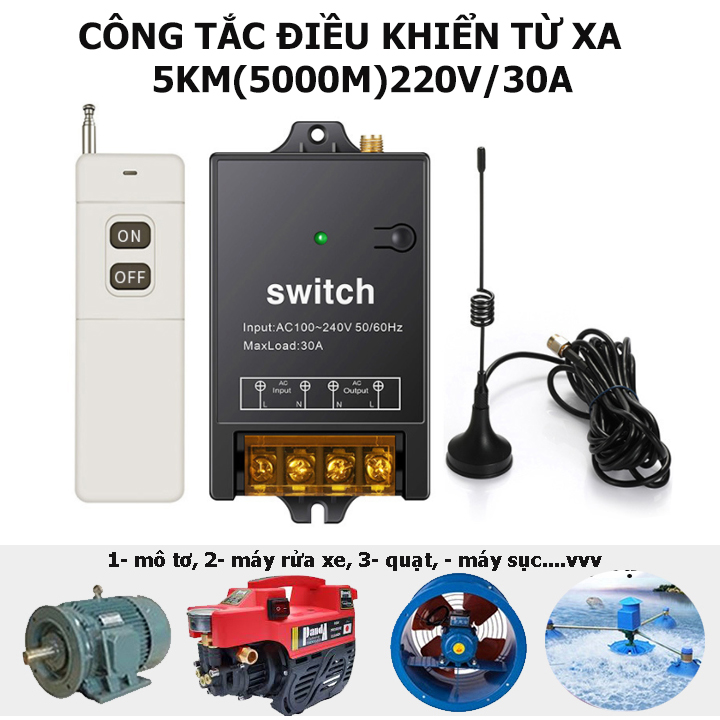 Công tắc điều khiển từ xa 5Km(5000m)/220V 30A có học lệnh tần số 433MHZ bật tắt máy bơm nước máy rửa xe công suất lớn - Điện tử gia đình