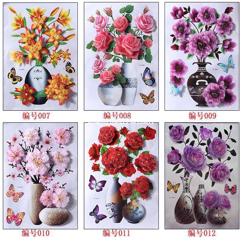 Decal dán tường bình hoa nổi 3D dán trang trí tường, tủ lạnh, cửa kính