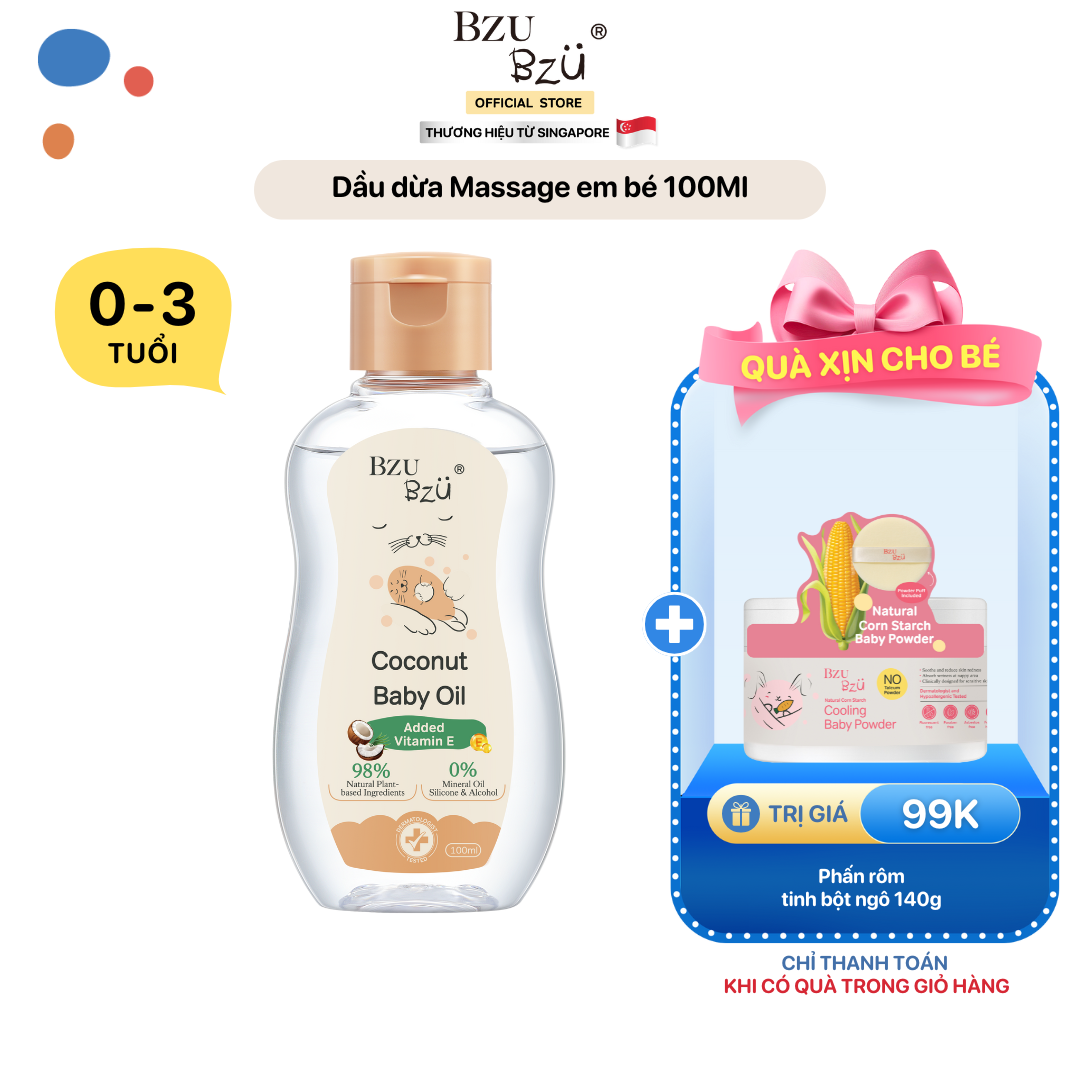 Dầu Dừa Tự Nhiên Massage Em Bé BZU BZU Coconut Baby Oil Thành Phần Tự Nhiên, An Toàn Cho Da Bé 100Ml