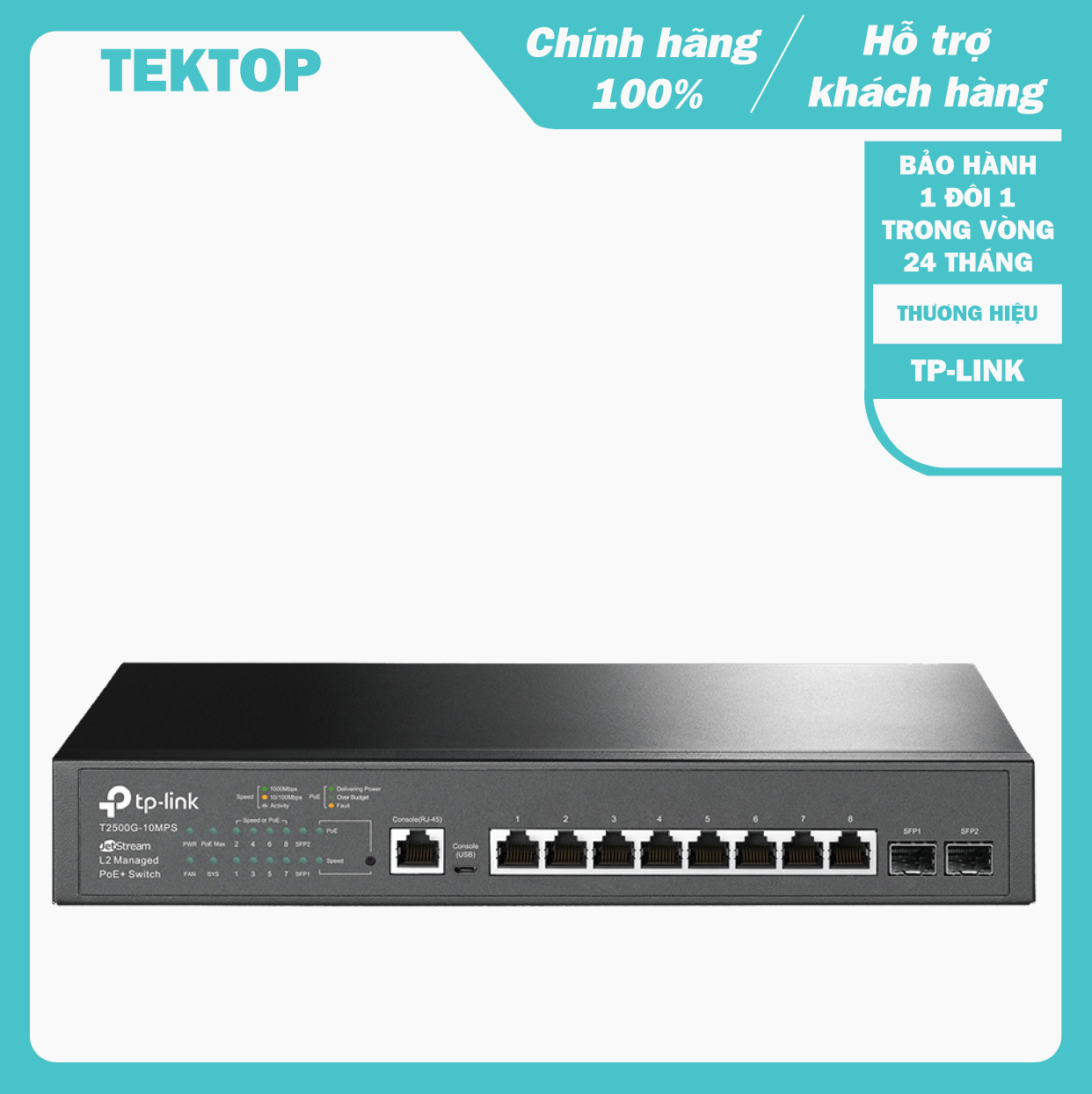 Bộ chia tín hiệu 10 cổng jetstream gồm 8 cổng gigabit poe và 2 khe cắm module quang sfp tp-link t2500g-10mp dùng cho văn phòng