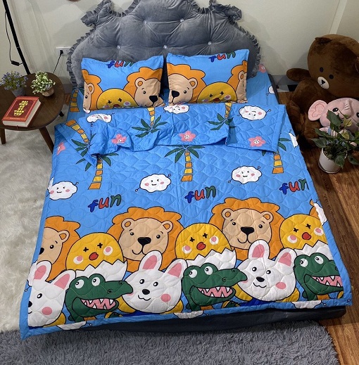 Bộ ga gối cotton mẫu sư tử xanh, kích thước 1m6x2m, bộ sưu tập hình thú ngộ nghĩnh