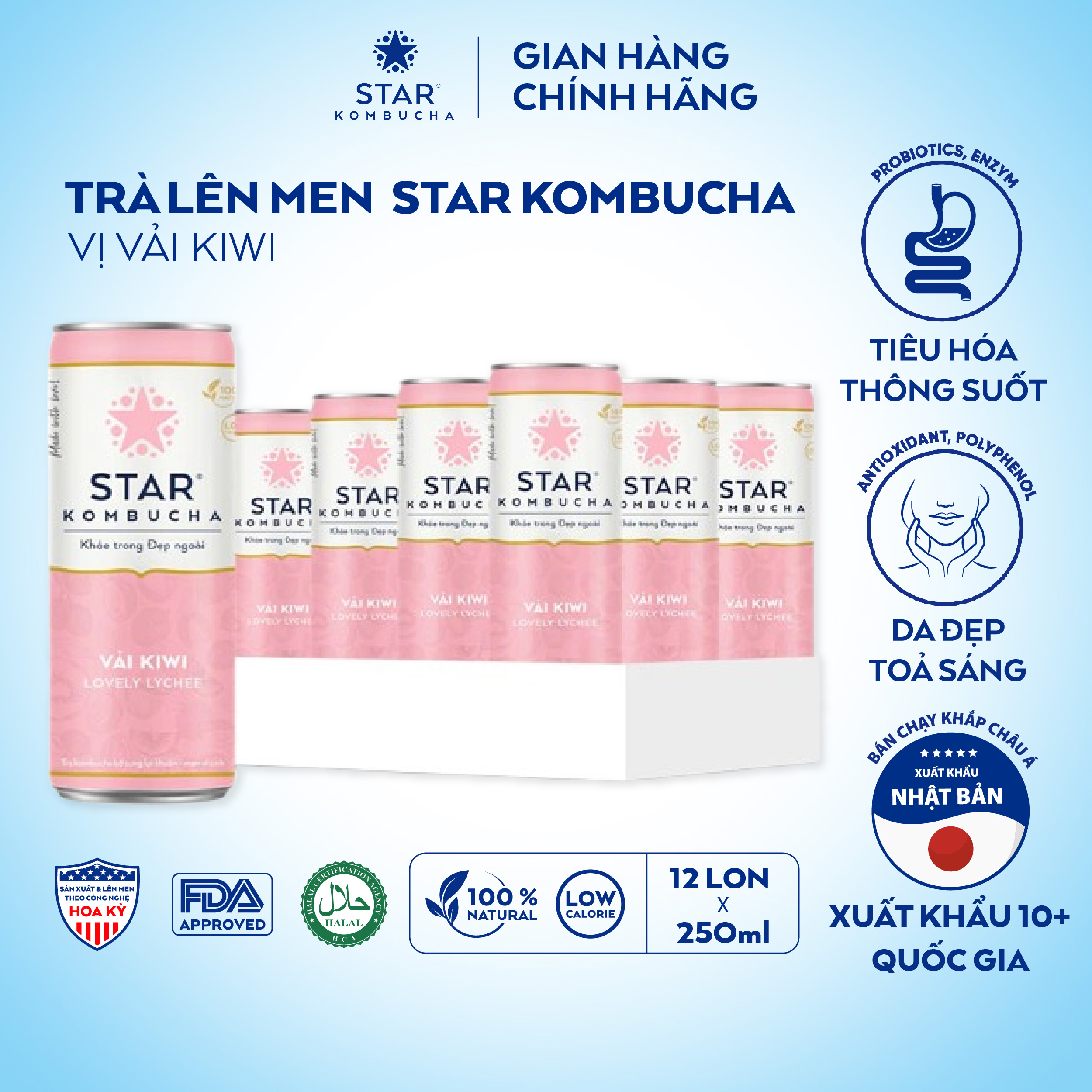  Thùng 12 lon trà STAR KOMBUCHA Vải Kiwi   Lovely Lychee  250ml lon  