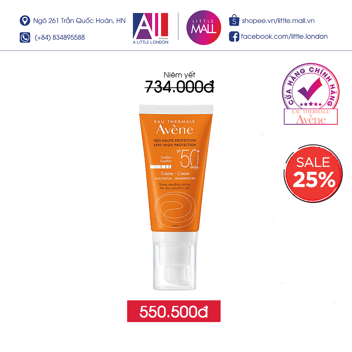 Kem chống nắng không mùi cho da khô Avene Protection 50+ Fragrance Free 50ml TẶNG mặt nạ Sexylook (Nhập khẩu)