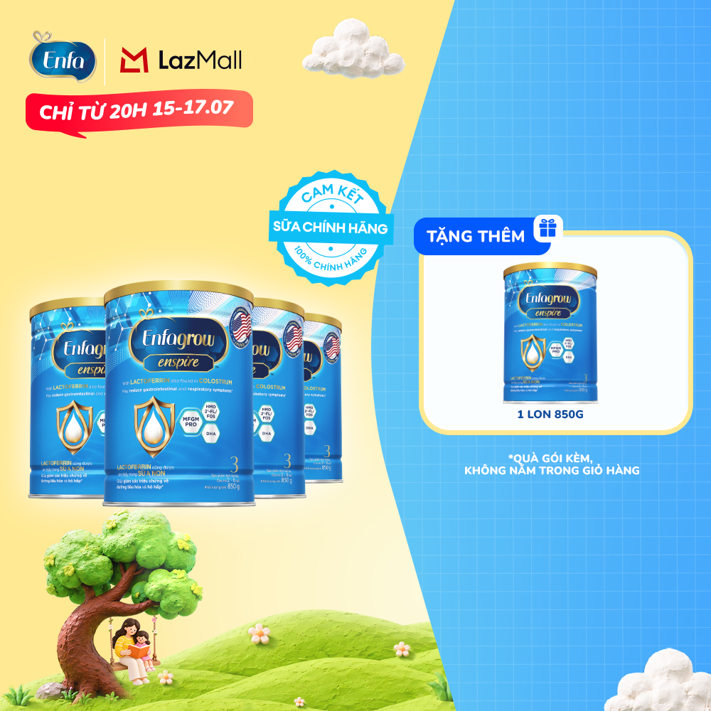 [TỪ 15-17/07][MUA LÀ CÓ QUÀ Tặng 1 lon 850g] Bộ 4 lon sữa bột Enfagrow Enspire 3 850g hỗ trợ đề kháng với Lactoferrin dành cho trẻ từ 2-6 tuổi