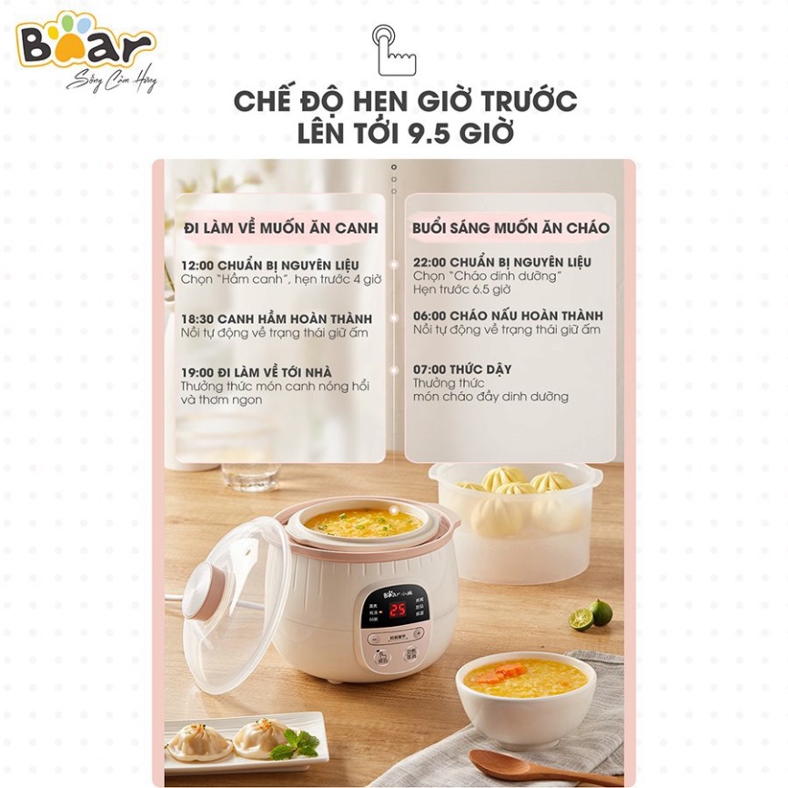 [BẢN QUỐC TẾ] NỒI BEAR 0,8l NẤU CHÁO, NINH, HẦM, HẤP CÁCH THUỶ 4 IN 1