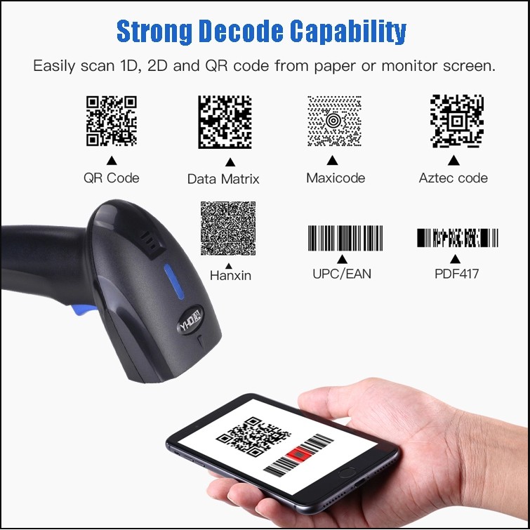 Máy bắn mã vạch cầm tay YHD 1100D 2D có dây, Đầu đọc mã vạch Barcode(1D) Qrcode(2D) có dây dùng trên Máy tính, Laptop