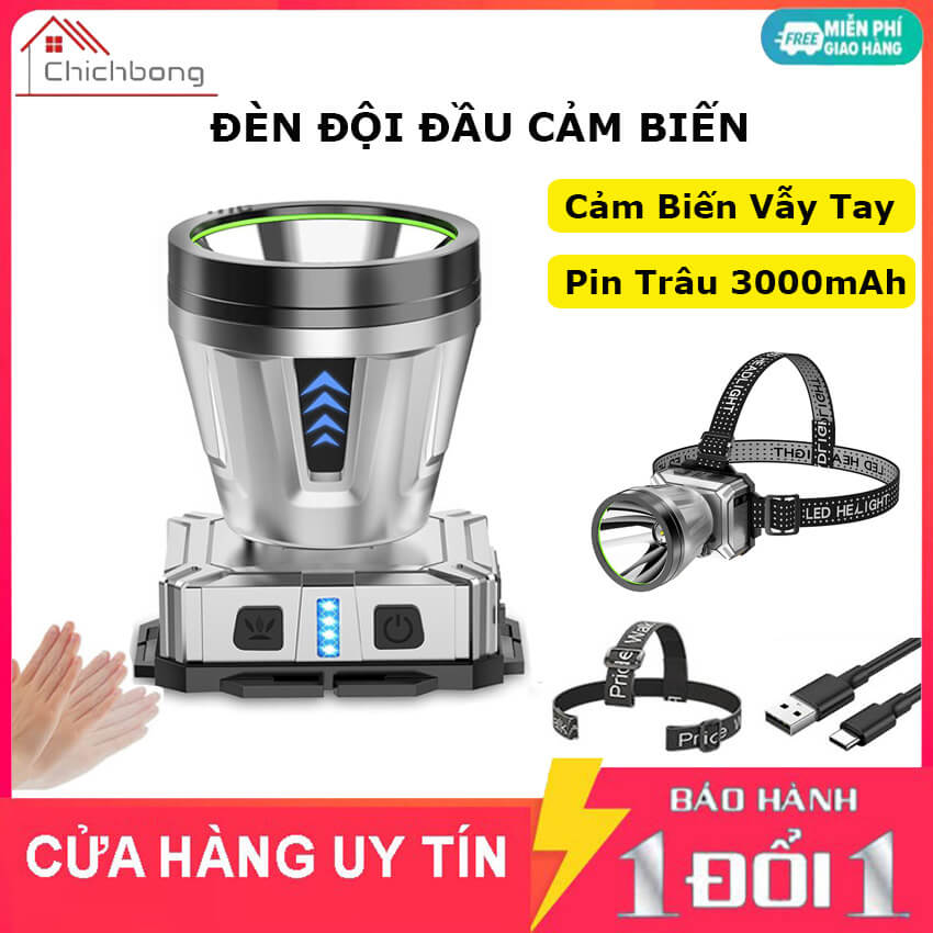 Đèn pin đội đầu siêu sáng cảm biến vẫy tay chiếu xa 200m, pin trâu 3000mAh, chống thấm nước IPX4, đèn đeo trán 4 chế độ, đèn đội đầu đeo trán 1 bóng Led