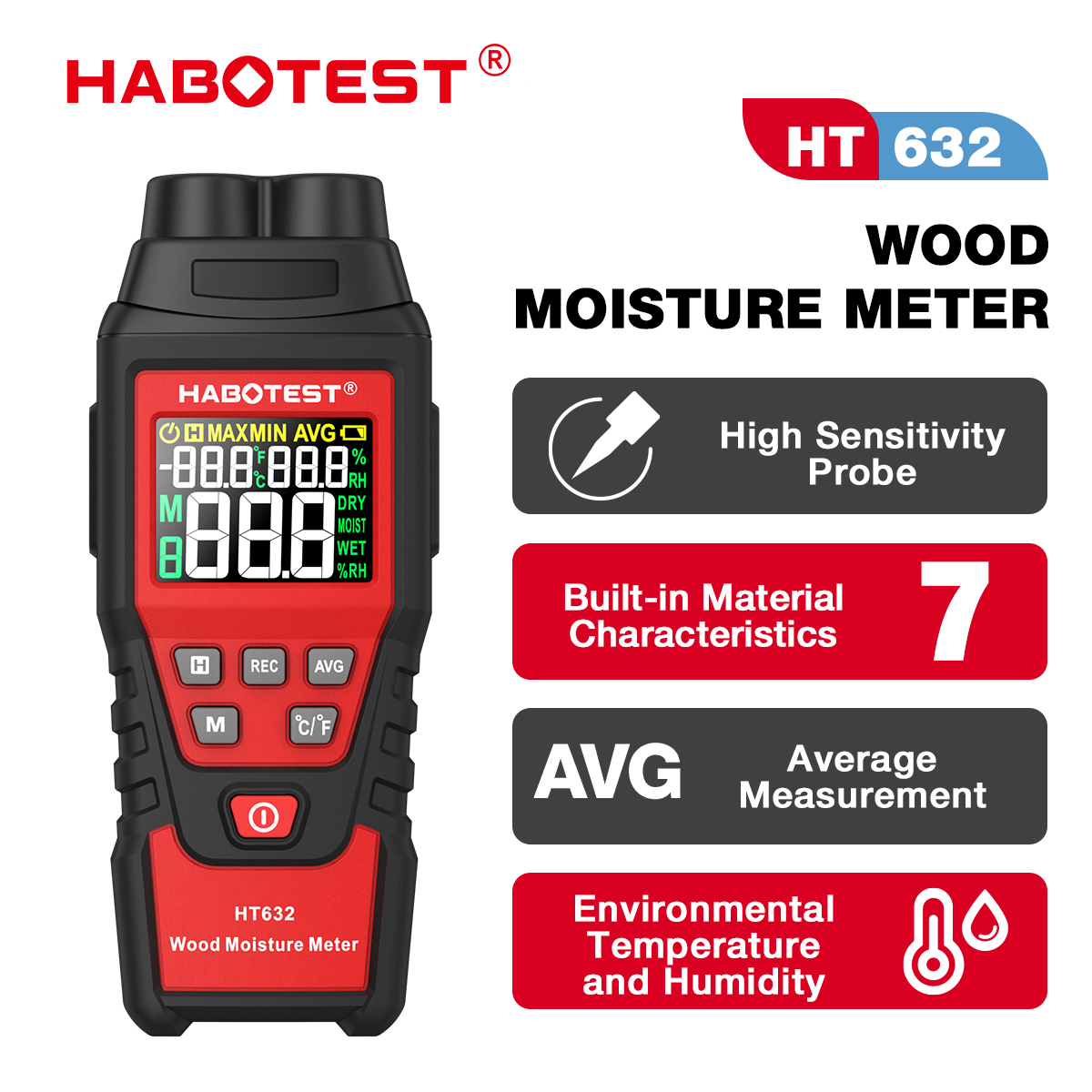 Habotest ht632 máy đo độ ẩm gỗ máy đo độ ẩm kỹ thuật số gạch xi măng bê tông tường máy đo độ ẩm máy dò độ ẩm