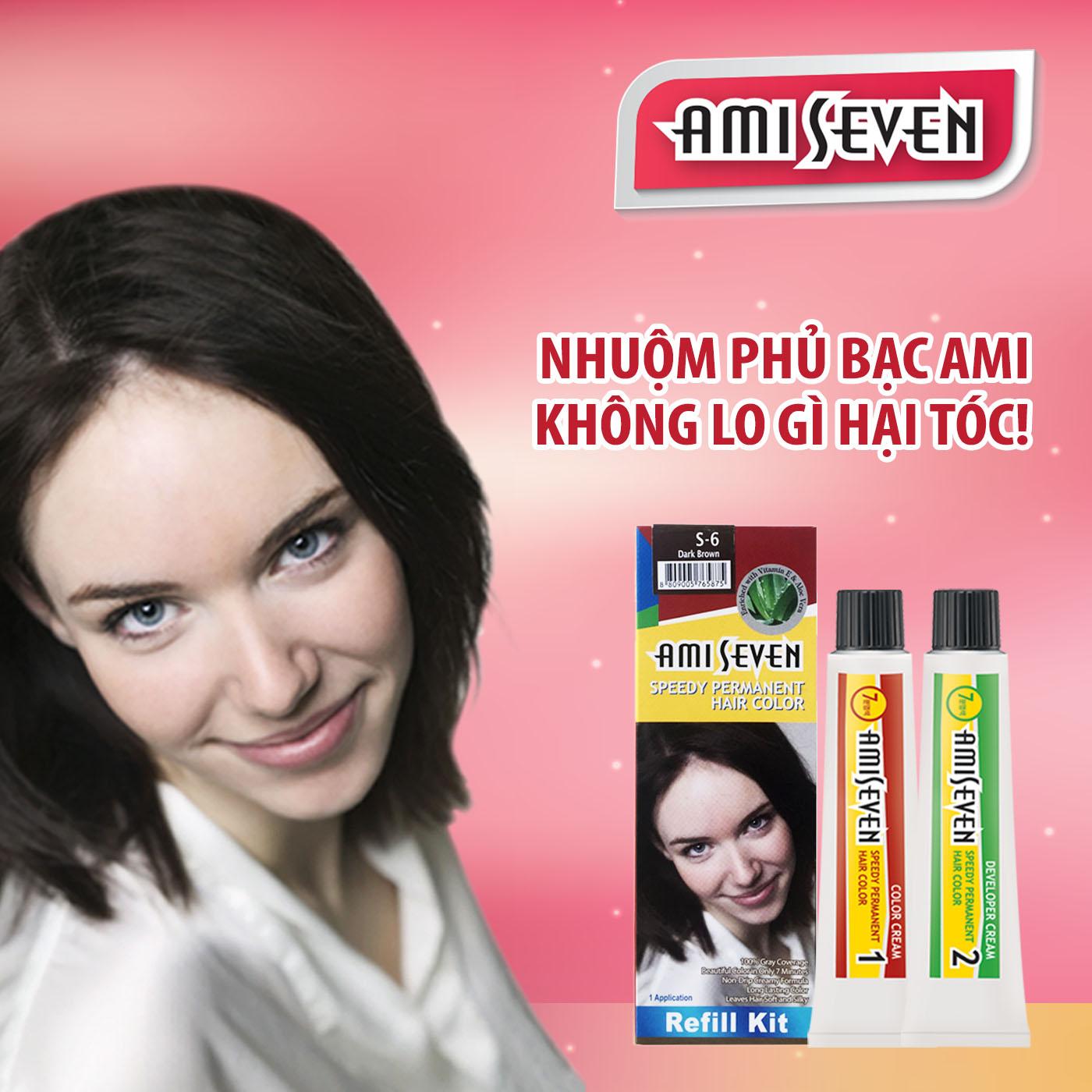 Nhuộm phủ bạc dược thảo Ami Seven Speedy Permanent Hair Color  (60g/60g) nhanh 7 phút - Hàn Quốc - loại tiết kiệm- màu S6- Nâu đậm