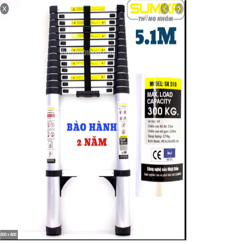 Thang nhôm rút đơn xếp gọn 5m1 SUMIKA SK510, An toàn – Tiện lợi – Tiết kiệm , Cộng Nghệ Nhật Bản, tải trọng 300kg ,bảo hành 2 năm