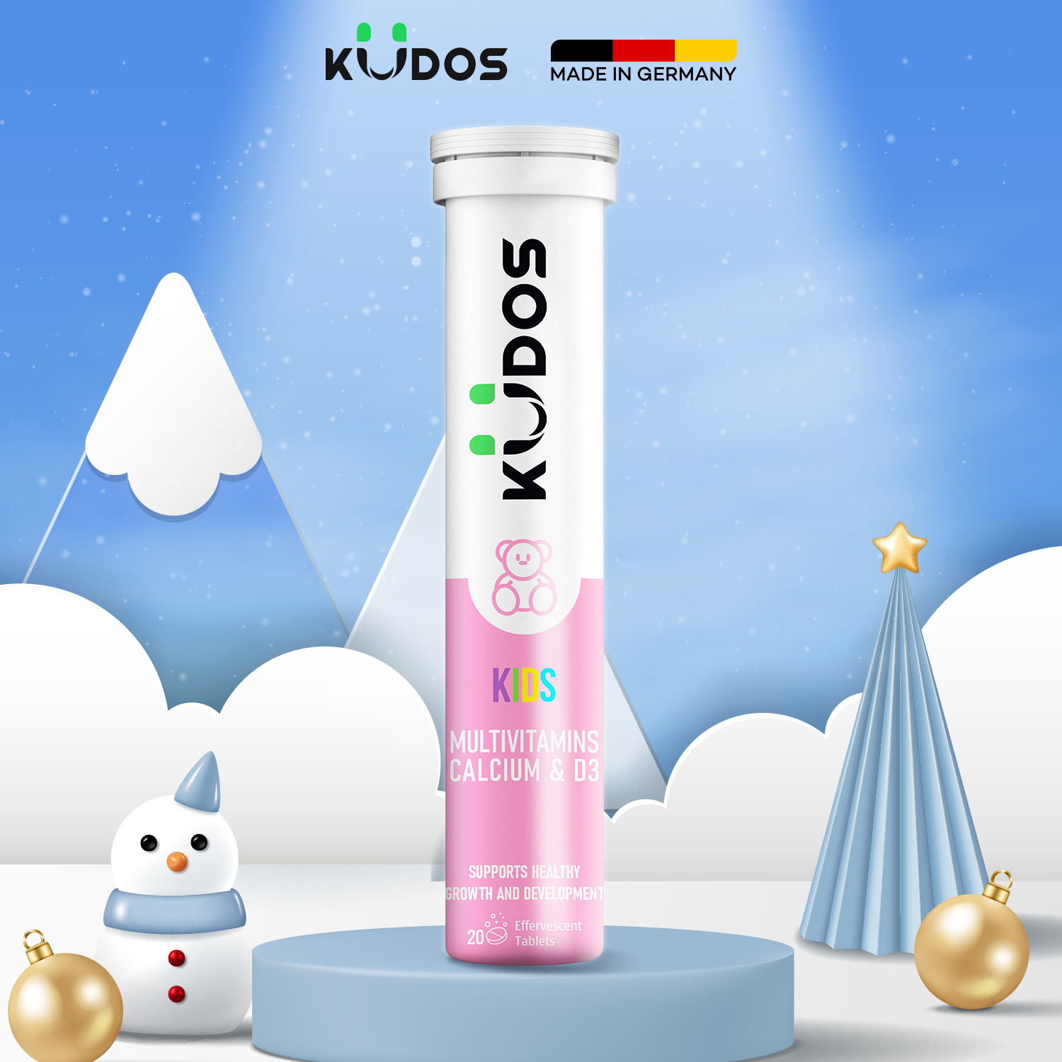 Viên sủi KUDOS KIDS bổ sung Calci, A,C,D3,B hỗ trợ tăng cường hệ miễn dịch, dinh dưỡng cho bé  (20 viên/tuýp)