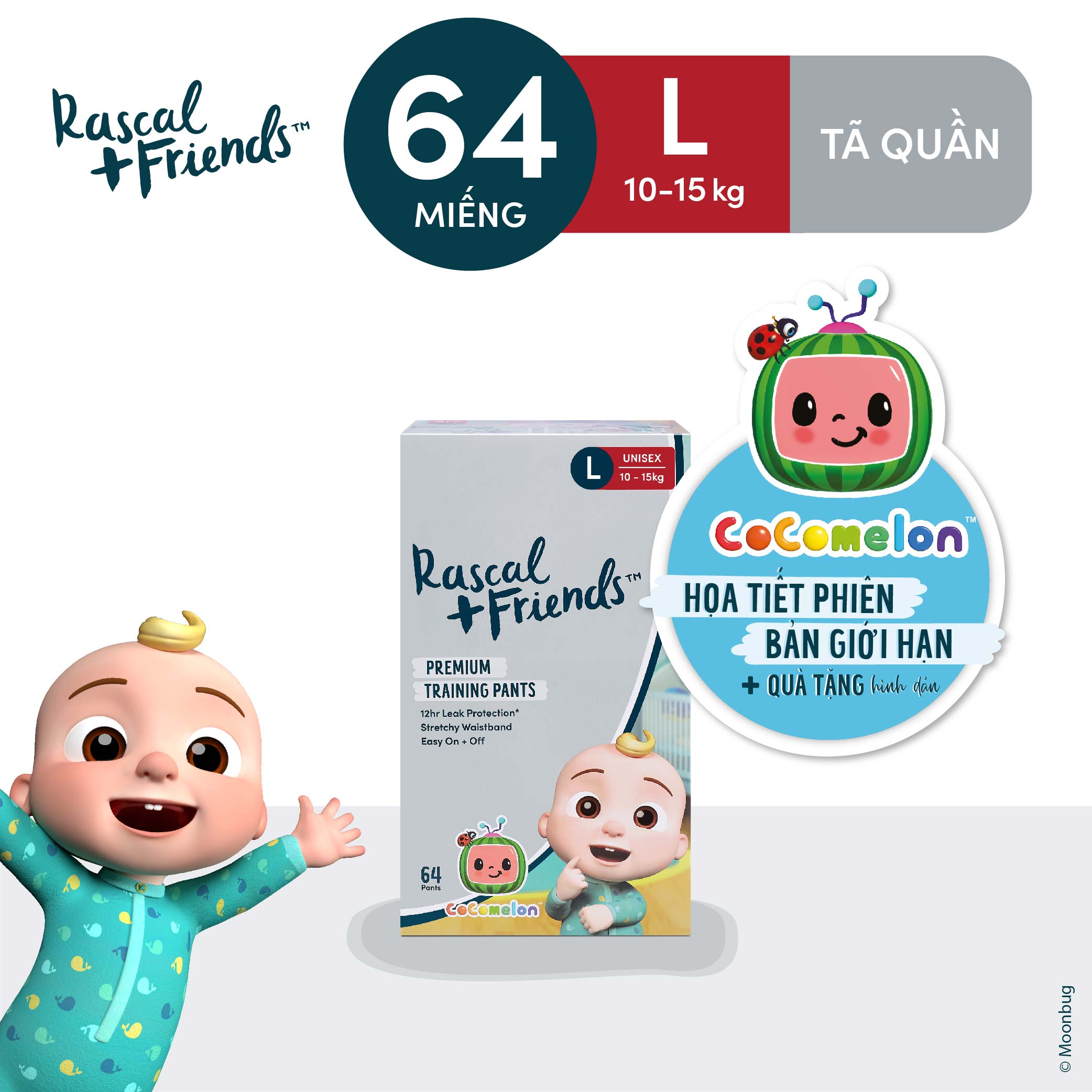 Thùng tã/bỉm quần rascal & friend cocomelon cho bé 10kg - 15kg - size l 64 miếng