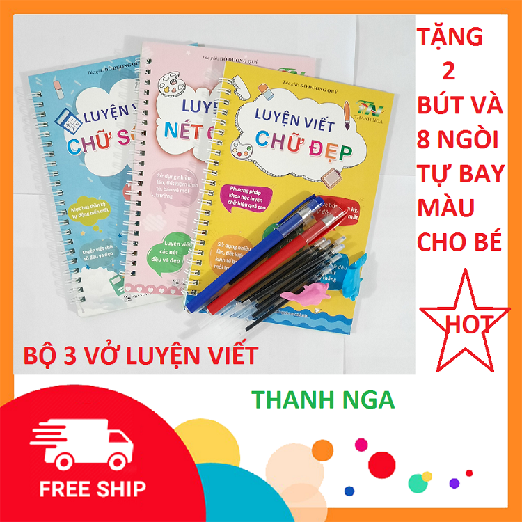 Comboo 3 vở Tập viêt cho bé , Vở Tập viết Thanh Nga Tự xóa , Vở bút tập viêt cho bé lớp 1 - Tặng Ngay 2 Bút 8 ngòi mực tự xóa cho bé