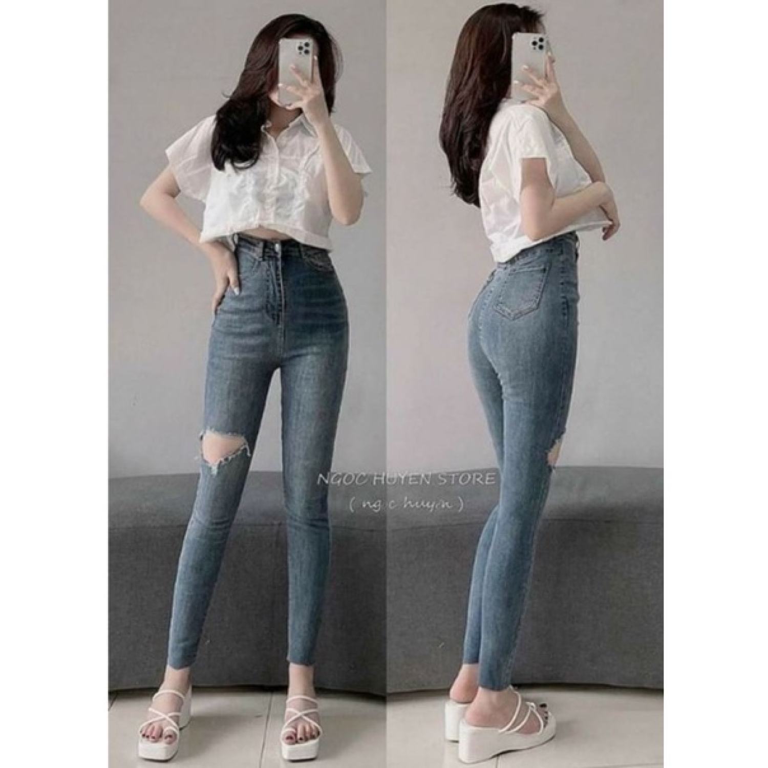 Quần jean cạp cao rách gối dáng ôm siêu hách dáng